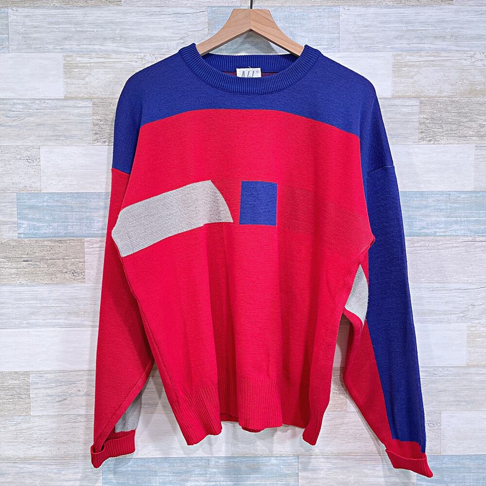 NILS Sweden Vintage 90s Wool Colorblock Ski Lodge Sweater Red Blue Mens XL